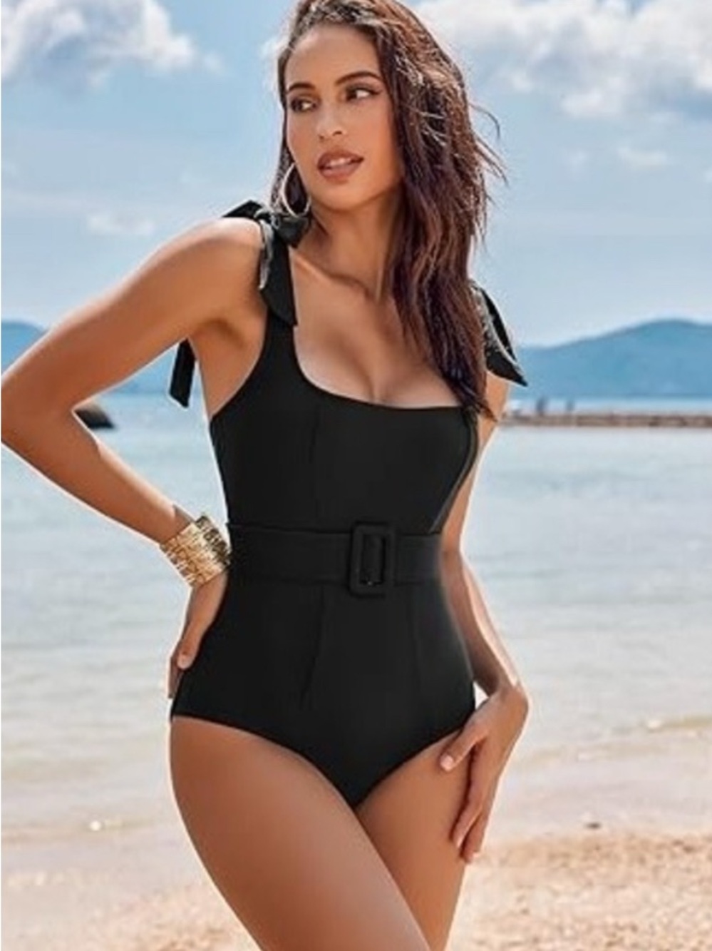 New Ribbed One Piece Swimsuit Belted Tie Strap Black Simple Minimalist Bow‎ S